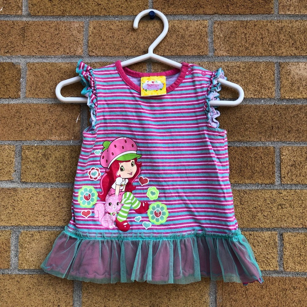 Strawberry Shortcake Vintage Top Striped Tunic With tulle trim Baby Tee 9mo Vtg